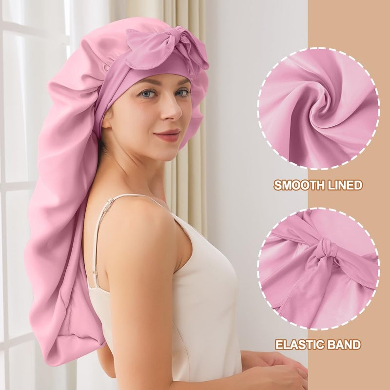 Supaze Long Bonnet For Sleeping, Satin Silk Bonnet With Tie Band, Jumbo Hair Bonnets For Women Long Braids Natural Curly Hair showercap(Pink) - Image 2